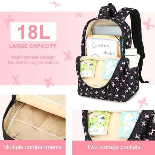 LEDAOU Kids Backpack for Girls Backpacks with Lunch Box, Lightweight Bookbag Set Elementary Middle School Back pack for 8-14 - color: Black Bow