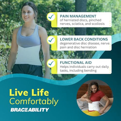 BraceAbility Low Back Compression Brace - Wraparound Lumbar Support Belt for Herniated or Bulging Discs, Pinched Nerve Pain Relief, Degenerative Disc Disease and Hip Strains for Men and Women (L) - size: L