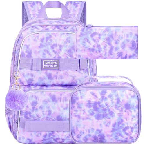UFNDC Backpack for Girls, 17.5" Water Resistant Cat Galaxy Tie-Dye School Backpacks, Teens Bookbag for Women College Middle - color: Girls Backpack Tie-dye Purple