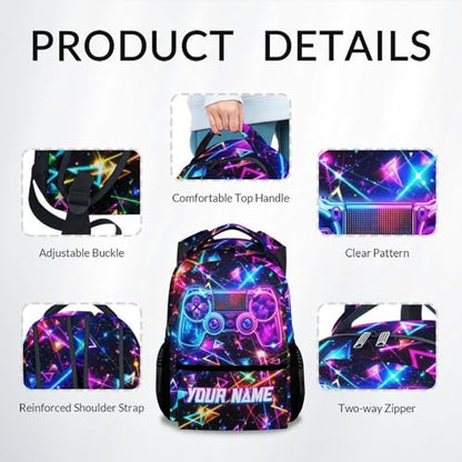 Personalized Gamer Backpack for Boys - Custom 17 Inch Kids Toddlers Bookbag, Lightweight Large Capacity Gaming Schoolbag for School Travel Camping - color: Silver
