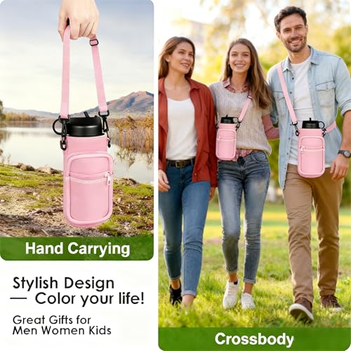 Water Bottle Holder with Strap, Insulated Crossbody Sling Bag, Carrier with Phone Pocket for Walking Hiking Camping Fishing - color: Pink, size: 40oz