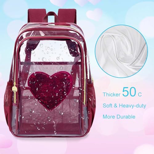 gxtvo 3PCS Girls See Through Backpack Heavy-Duty Set for Women & Teen, 17" Transparent Bookbag for with Luxurious Gold Zipper, Wine Red Sequins Clear School Bag - color: Wine Red Sequins Clear Backpack Set