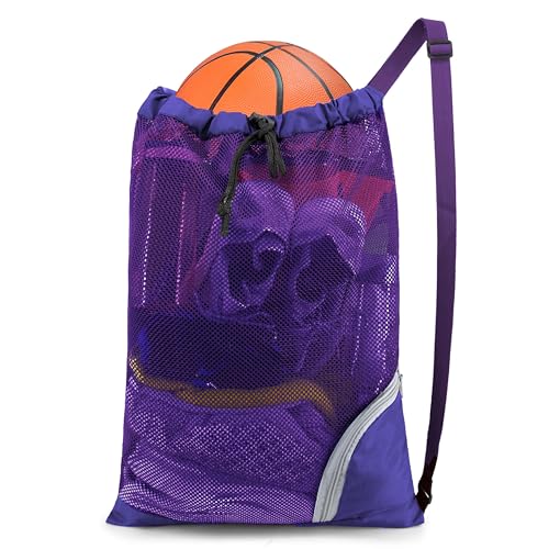 BeeGreen Mesh Drawstring Bag Swim Backpack for Beach Pool Sports Gym Draw String Cinch Bags for Swimming Soccer Basketball Gear Purple - color: Purple, style: Mesh Bag