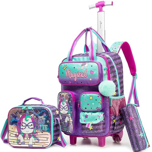 Kids Rolling Backpack with Wheels for Girls Unicorn School Roller Backpack,Carry on Luggage Travel Suitcase with Lunch Bag and Pencil Case for Girls Ages 5-12 - color: A Green Unicorn