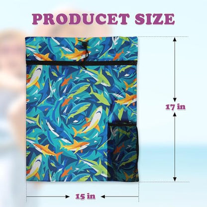 Blue Shark Drawstring Backpack, 15” x 17” Waterproof Swim Bag for Beach Swimming Pool, Lightweight Foldable Gym Bag with Water Bottle Holder for Sports Travel - color: Blue Shark