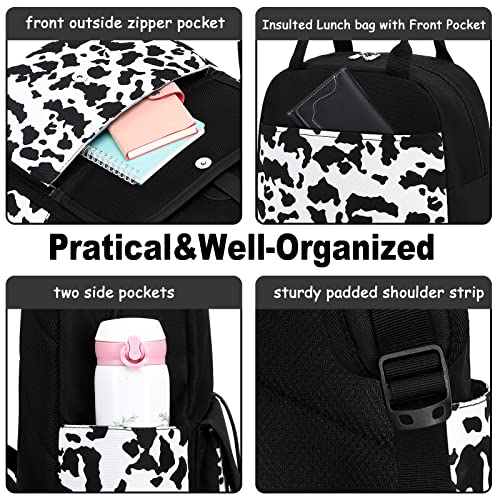 Bluboon Backpack for School Teen Girls Bookbags with Lunch Bag & Pencil Case Aesthetic Water Resistant School Bags for Kids - color: Cow Print