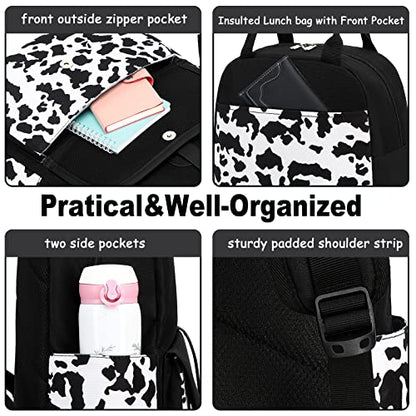 Bluboon Backpack for School Teen Girls Bookbags with Lunch Bag & Pencil Case Aesthetic Water Resistant School Bags for Kids - color: Cow Print
