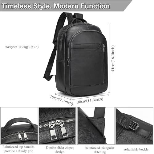 Large Capacity Black Leather Backpack for Men, 15.6 Inch Genuine Leather Laptop Backpack Business Travel Shoulder Daypacks - color: Y80&16y Black