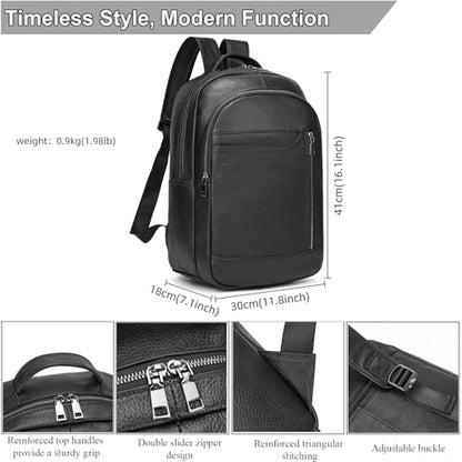 Large Capacity Black Leather Backpack for Men, 15.6 Inch Genuine Leather Laptop Backpack Business Travel Shoulder Daypacks - color: Y80&16y Black
