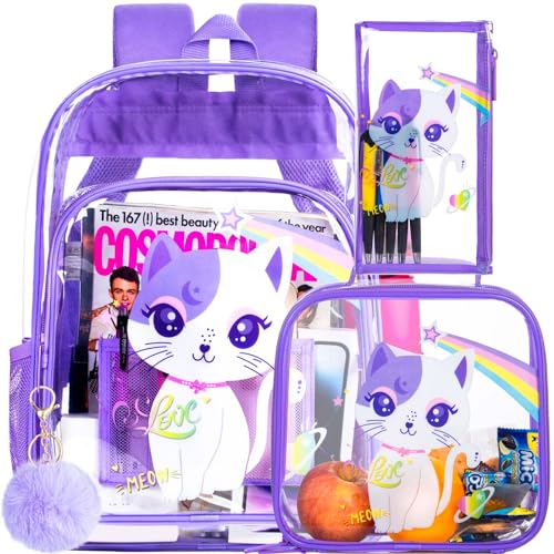 UFNDC 3PCS Clear Backpack for Girls and Boys, Unicorn Cat Transparent Bookbag, See Through School Bag for Kids Elementary - color: Clear Cat Purple