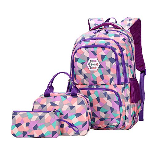 JiaYou Girl Geometric Printed Primary Junior High University School Bag Bookbag 3pcs Backpack Sets(2# Purple-3pcs,35 L) - color: 2# Purple-3pcs, size: 35 L
