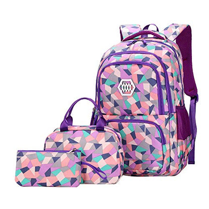 JiaYou Girl Geometric Printed Primary Junior High University School Bag Bookbag 3pcs Backpack Sets(2# Purple-3pcs,19 L) - color: 2# Purple-3pcs, size: 19 L