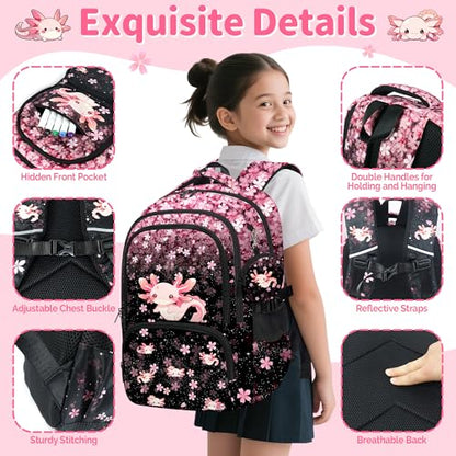 Axolotl Backpack for Girls, Girls Backpacks with Lunch Box and Pencil Case for School, Kids Axolotl Bookbag - color: Axolotl