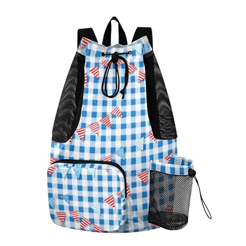 Drawstring Backpack Gym Sackpack With Water Bottle Holder Athletic Cinch Sack Waterproof Blue Gingham with Bunting