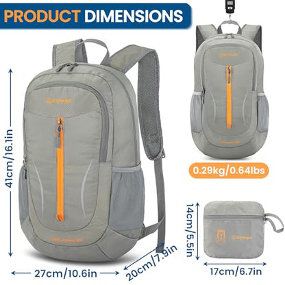 ZOMAKE Ultra Lightweight Packable Backpack 25L, Foldable Hiking Backpacks Water Resistant Small Folding Daypack for Travel(Silver Grey with Orange Zipper) - color: Silver Grey With Orange Zipper
