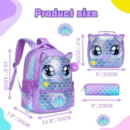 Backpacks for Girls School Bag Cute Girls Backpacks Ages 8-10 with Lunch Box Kids Bookbag Set Travel Backpack for Preschool Kindergarten Elementary Students Backpack to School Supplies - color: Mermaid