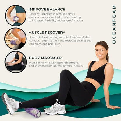 Oceanfoam Ripple Travel Foam Roller (11" x 3.35") Firm Mini Foam Roller for Physical Therapy, Deep Tissue Massage, Back Pain - High Density, Ergonomic Wave Textured - Yoga, Exercise (Purple Marbled) - color: Purple Marbled