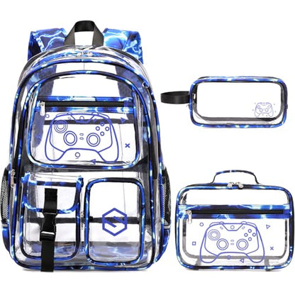 DIGOBAY 3PCS Cool Luminous Clear Backpack for Boys Kids, Gamer Clear Bookbag for School, See Through PVC Transparent Backpacks with Lunch Bag Pencil Case, Backpack Heavy Duty for School Stadium - color: Blue Lightning