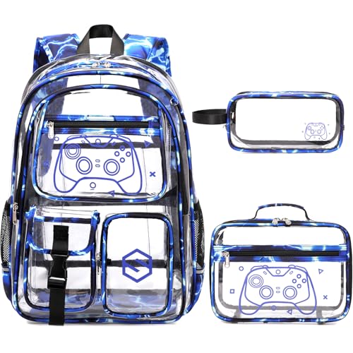 DIGOBAY 3PCS Cool Luminous Clear Backpack for Boys Kids, Gamer Clear Bookbag for School, See Through PVC Transparent Backpacks with Lunch Bag Pencil Case, Backpack Heavy Duty for School Stadium - color: Blue Lightning