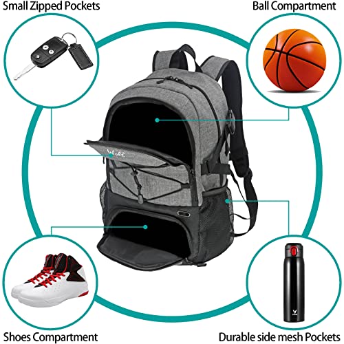 WOLT Basketball Backpack Large Sports Bag with Separate Ball Holder & Shoes Compartment, Best for Basketball, Soccer,Gym - color: Grey