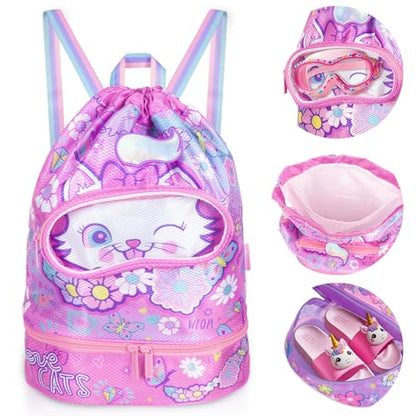 Drawstring Backpack for Kids Girls, Cute Cartoon Cat Waterproof Drawstring Bag String Swim Gym Sports Beach Bag with Shoes & Sunglasses Compartment and Wet Proof Pocket - color: J12. Cat