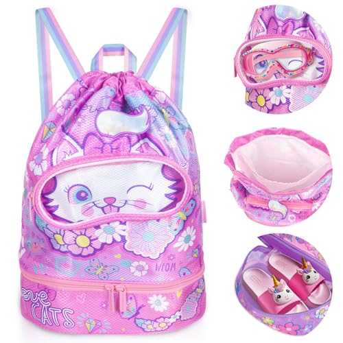 Drawstring Backpack for Kids Girls, Cute Cartoon Cat Waterproof Drawstring Bag String Swim Gym Sports Beach Bag with Shoes & Sunglasses Compartment and Wet Proof Pocket - color: J12. Cat