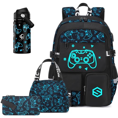 Scothen Boys Backpack, Cool Luminous Gamer School Backpacks for Boys with 14oz Insulated Water Bottle Lunch Bag Pencil Case, Kids Backpack Book Bags for Kindergarten Elementary Middle School - color: Blue Pattern