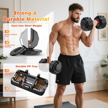 XDDIAS Adjustable Dumbbells Set of 2 for Strength Training, One-Hand Quick Adjust, 25/55/80/90 lbs Options, Anti-Slip Grip Handle, Compact Home Gym Weights for Men Women - color: Pro Steel 10-Level 55LB Pair