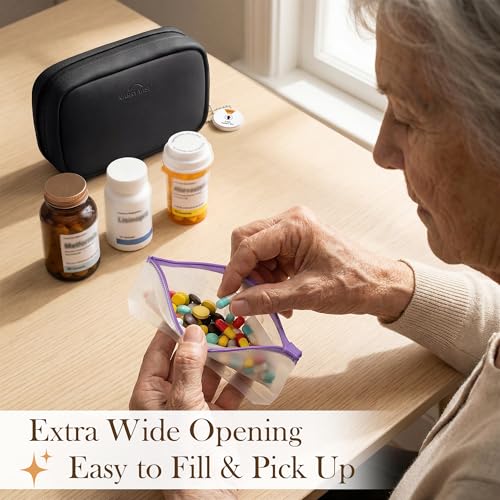 Weekly Pill Organizer,Vegan Leather Travel Medicine Bag - Pill Container with 7 Color-Coded Resuable Waterproof Pills Pouches, Dual-Sided Labeling Design & Reminder Spinner for Vitamins, Supplements - color: Black