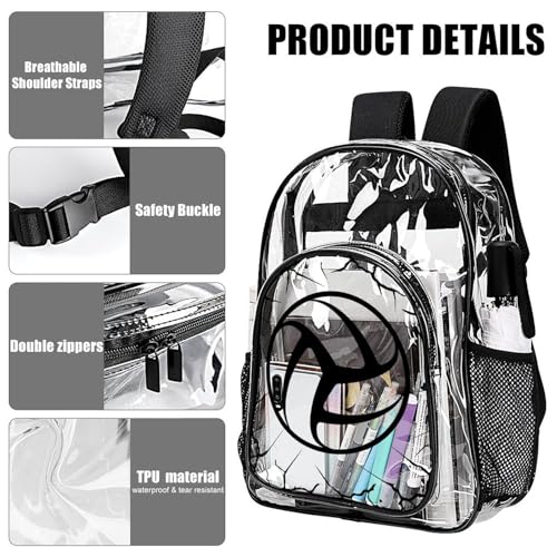 Volleyball Clear Backpack Heavy Duty for Girls Kids Boys Women | Large Cool PVC Volleyball Theme Printing Transparent Backpacks for Schools Stadium Concerts Work - Clear/Black - color: Volleyball Clear Backpack 3 Black With Front Pocket