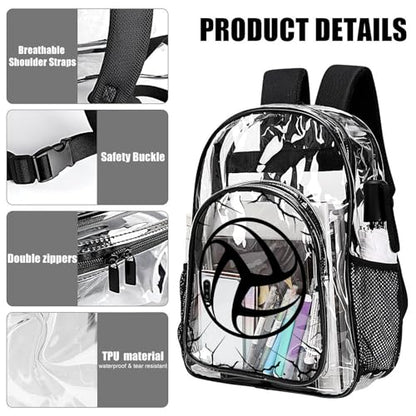 Volleyball Clear Backpack Heavy Duty for Girls Kids Boys Women | Large Cool PVC Volleyball Theme Printing Transparent Backpacks for Schools Stadium Concerts Work - Clear/Black - color: Volleyball Clear Backpack 3 Black With Front Pocket