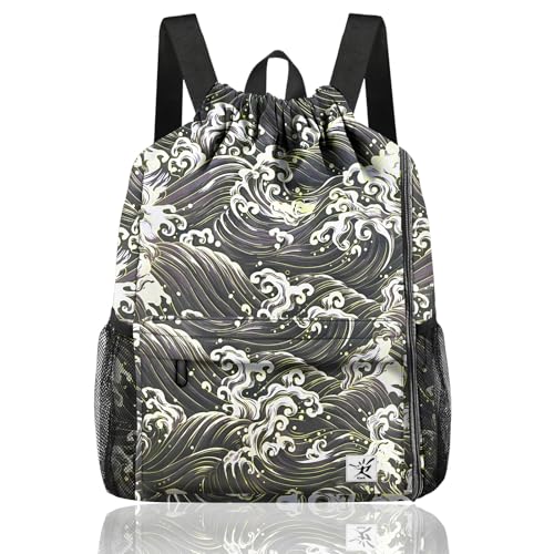 Drawstring Backpack with Mesh Pockets String Gym Bag Sackpack Sandproof Water Resistant Beach Backpack for Men Women - color: Black Waves