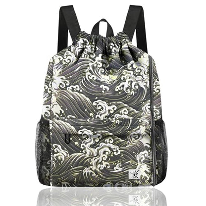 Drawstring Backpack with Mesh Pockets String Gym Bag Sackpack Sandproof Water Resistant Beach Backpack for Men Women - color: Black Waves