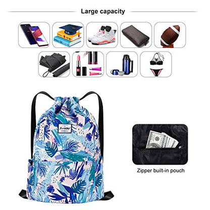 XEYOU Drawstring Sports Backpack Lightweight Gym Yoga Sackpack Shoulder Rucksack Casual Outdoor Daypack for Women and Men | Lightweight - color: Blue Leaves