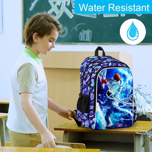 HPJGD 3PCS Kids Astronaut Backpack, Water Resistant Bookbag for Boys Set with Lunch Box, Cool School Bag for Elementary Preschool Toddler - Basketball Astronaut - color: Cool Uv Printed Astronaut Basketball Blue