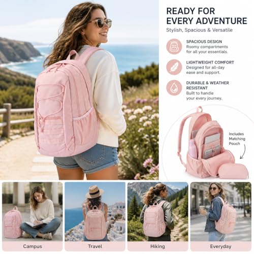 Hiking Travel Backpacks Men and Women, Lightweight Waterproof Laptop Backpack Outdoor Camping Backpack Hiking Daypack for Travel, Trekking, Work 26L (Pink) - color: Pink