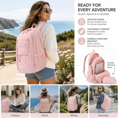 Hiking Travel Backpacks Men and Women, Lightweight Waterproof Laptop Backpack Outdoor Camping Backpack Hiking Daypack for Travel, Trekking, Work 26L (Pink) - color: Pink