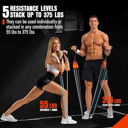 Resistance Bands with Handles, 175lb Exercise Bands for Working Out, Fitness Bands, Workout Bands with Door Anchor and Ankle Straps, Physical Therapy, Yoga, Strength Training Home Gym Equipment - style: 375LBS