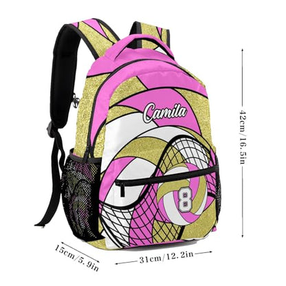 Volleyball Pink Gold Multifuction Waterproof Backpack with Name Custom Shoulders Bookbag for Birthday Holiday Gift - color: Volleyball Pink Gold