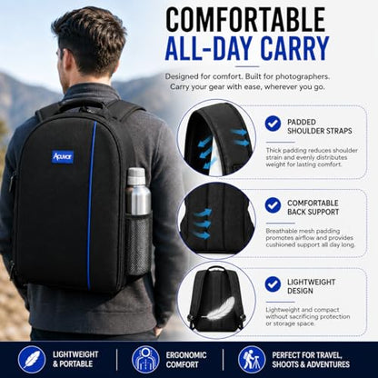 Acuvar Camera Backpack Bag for DSLR & Mirrorless Cameras – Padded Camera Case with Customizable Dividers, Rain Cover, Laptop Storage, Fits Canon Nikon Sony Camera & Lenses