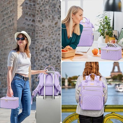 AIJIEKE Lunch Backpack for Women, 15.6 Inch Laptop Backpack with Detachable Insulated Cooler Lunch Box, 2-in-1 Water Resistant Work Computer Bag for Nurse Teacher College Commute, Purple - color: Purple