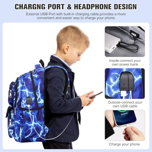 Bevalsa Backpack for Boys, Lightning School Bags with Lunch Bag & Pen Case for Kids, Bookbag for Boys Girls Teens - color: B-lighting