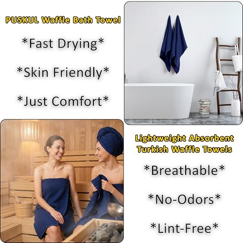 PÜSKÜL Natural 100% Turkish Cotton Navy Waffle Bath Towels Set of 2-Piece | 32x63 Extra Large Absorbent Quick-Dry Lightweight Spa Towel | Luxury Bathroom Towel (Navy Blue Bath Towels - Pack of 2) - color: Navy Blue