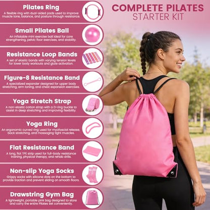 Pilates Kit for Women 13PCS, Pilates Ring and Ball Set with Magic Circle, Resistance Bands Set, Figure 8 Band, Yoga Ring & Grip Socks, Home Workout Equipment Essentials Starter Kit for Beginners - color: Pink