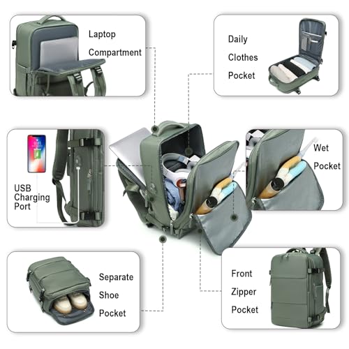 Somago Travel Backpack Carry On Casual Daypacks Rucksack Anti Theft for 15.6 Inch Laptop Business Backpack with Shoe Compartment Dry Wet Pocket USB Charger Port (Army Green) - color: Army Green