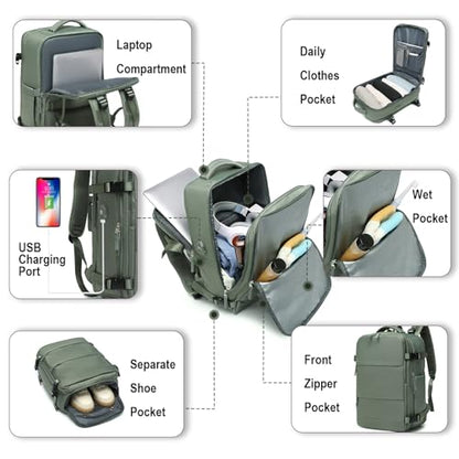 Somago Travel Backpack Carry On Casual Daypacks Rucksack Anti Theft for 15.6 Inch Laptop Business Backpack with Shoe Compartment Dry Wet Pocket USB Charger Port (Army Green) - color: Army Green