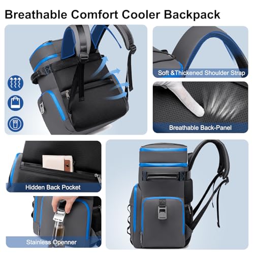 Weitars Insulated Cooler Backpack,Double Deck Waterproof Soft Cooler Bag,Backpack Coolers Leak Proof Lunch Backpack for Men Women for Travel,Camping,Picnic,Beach,Picnic,Outdoor 31L/52 Can - color: DarkGray