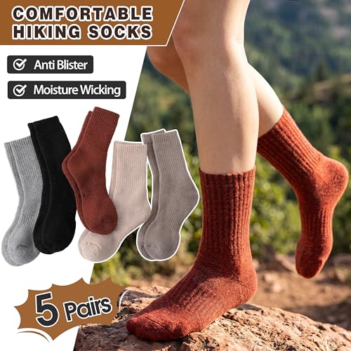 MOGGEI 5 Pairs Womens Merino Wool Socks Hiking Warm Winter Thick Thermal Crew Cozy Cabin Ladies Gift Comfy Boot Work Socks - color: Black/Grey/Light Coffee/Caramel/Beige