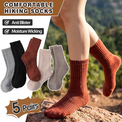 MOGGEI 5 Pairs Womens Merino Wool Socks Hiking Warm Winter Thick Thermal Crew Cozy Cabin Ladies Gift Comfy Boot Work Socks - color: Black/Grey/Light Coffee/Caramel/Beige