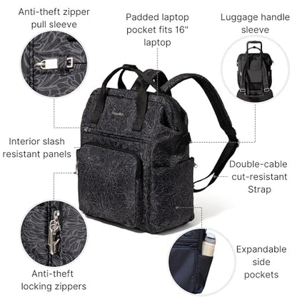 Baggallini Securtex Anti-Theft Windsor Backpack for Travel, Work & College, RFID & Locking Zipper, Up to 16" Laptop - color: Midnight Blossom Print